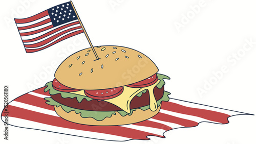 A cartoon burger with american flag on a striped red and white surface against a white background