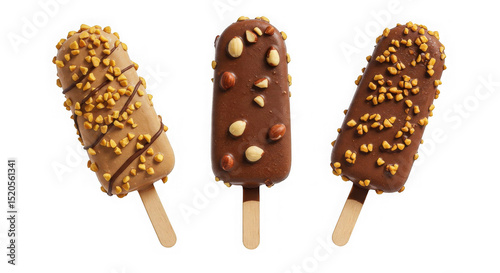 Three ice cream bars with chocolate and nuts on sticks against transparent background