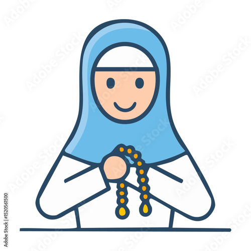 A woman in hijab holding a tasbih (prayer beads) and smiling gently. 
