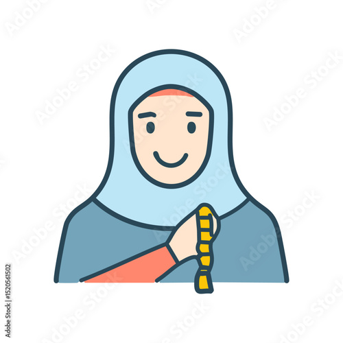 A woman in hijab holding a tasbih (prayer beads) and smiling gently. 