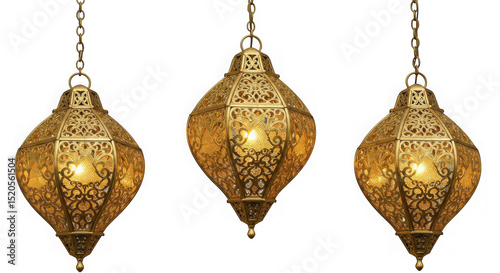 Three ornate golden lanterns hanging from chains against a transparent background