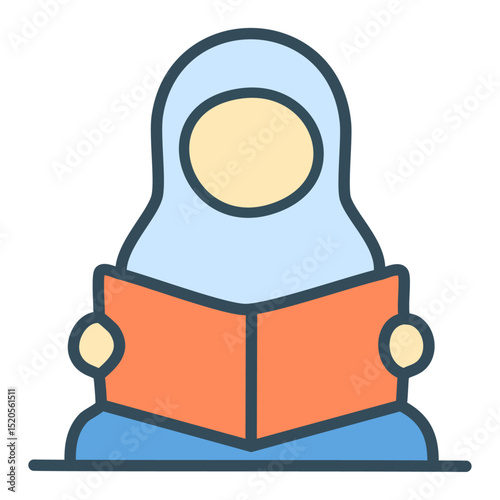 A woman in hijab sitting peacefully, reading the Quran. 