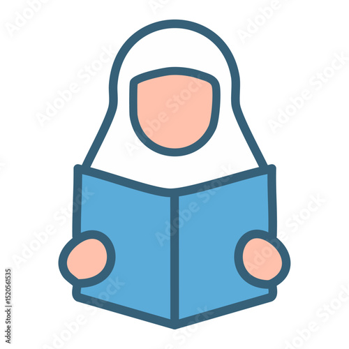 A woman in hijab sitting peacefully, reading the Quran. 
