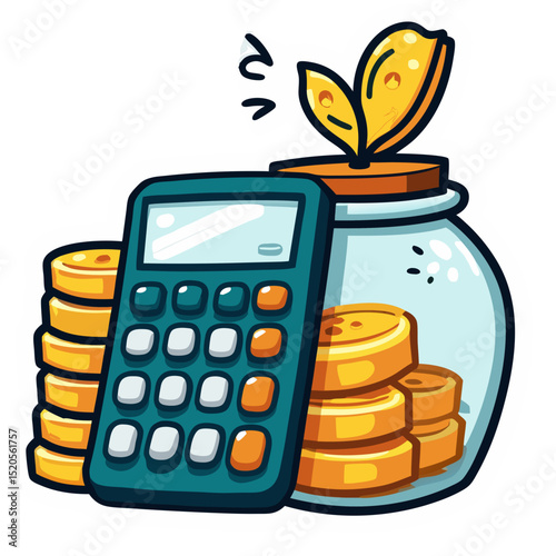 Cartoon Calculator with Coins, Jar, and Plant Sprouts for Financial Growth