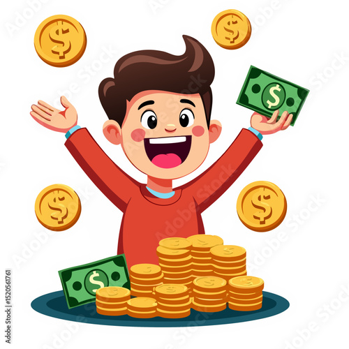 Joyful Boy Surrounded by Gold Coins and Cash