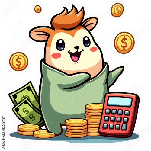 Cartoonish hamster character with green eyes surrounded by money and calculator