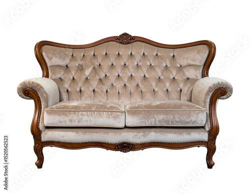 Elegant beige velvet loveseat with ornate wooden frame