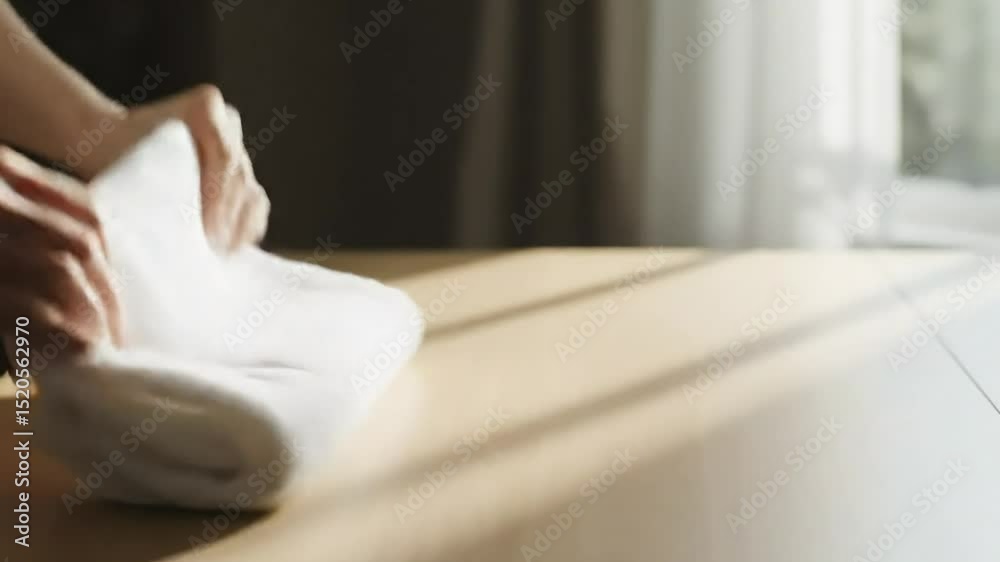 Hands folding a soft white towel in warm indoor lighting. A calm, simple domestic moment with natural sunlight and a tidy atmosphere. Hands folding a soft white towel in warm indoor lighting. A calm, simple domestic moment with natural sunlight and a tidy atmosphere.