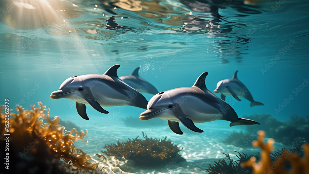 Obraz premium A pod of dolphins swimming gracefully beneath the ocean surface in clear turquoise water near coral reefs