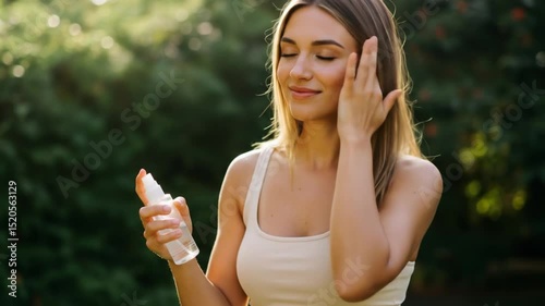 Woman protecting face while spraying mist
