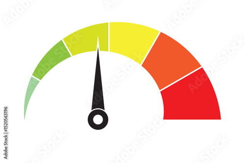 Set of Speedometer icons. Vector scale, level of performance. Speed dial indicator. Green and red, low and high barometers, dashboard with arrows. Normal, Medium and High level indicator.