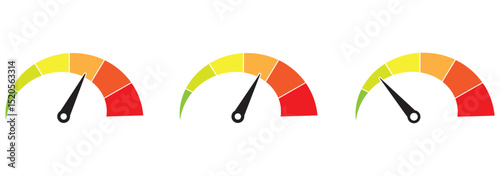 Speed metering icon vector illustration isolated on white background. Green yellow and red, low and high barometers. Normal, Medium and High speed measurement tool. Variety speedometer indicator level