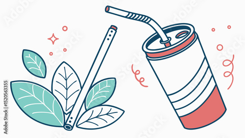 Eco friendly reusable metal straw with drink can and leaves illustration for sustainable lifestyle