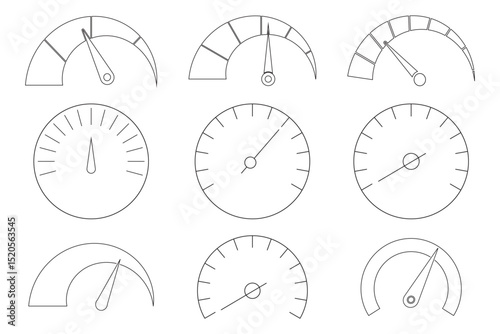 Speed metering icon vector illustration isolated on white background. Green yellow and red, low and high barometers. Normal, Medium and High speed measurement tool. Variety speedometer indicator level