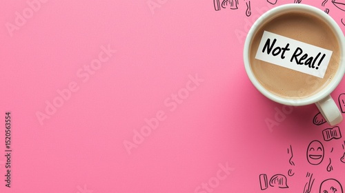 A playful and deceptive April Fools  Day design featuring a coffee mug with the handwritten text  Not Real  against a vibrant pink background creating a humorous and whimsical concept