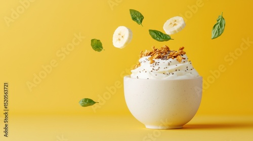 A beautifully presented smoothie bowl filled with fresh healthy ingredients like fruit granola and leaves on a vibrant yellow background