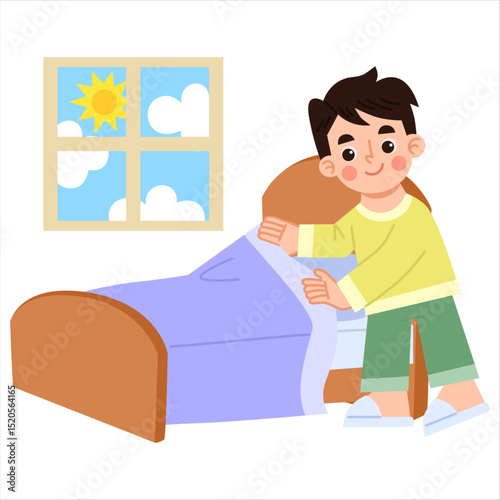 Illustration of Boy Making Bed in the Morning