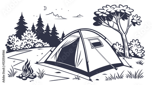 Camping tent in nature illustration for outdoor adventure and travel themed designs and camping equipment ads