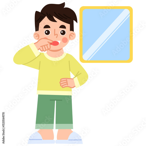 Illustration of Boy Brushing Teeth in Bathroom