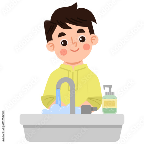 Illustration of Boy Washing Hands in Sink