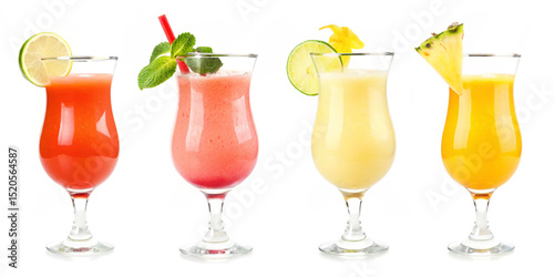 Four cocktails presented in stemmed glasses