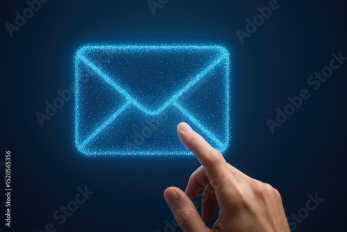 A hand gently touches a glowing email icon, symbolizing interactive digital communication. The bright blue lines of the envelope stand out against the dark background