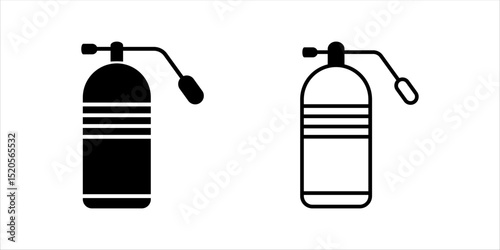 Steel oxygen tank icon set. in thin line - O2 gas reservoir for breathing due to medical issues, scuba diving, mountaineering or aircraft	
