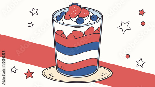 A patriotic parfait with strawberries blueberries and whipped cream in a glass with stars around it