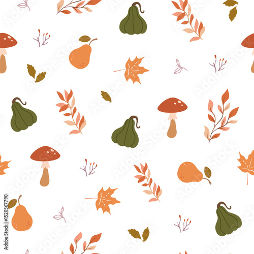Cute spooky Halloween themed vector seamless pattern design with carved pumpkin, bats, black cat, witchy hat, skull illustration in cartoon retro groovy funky style for wrapping paper, background