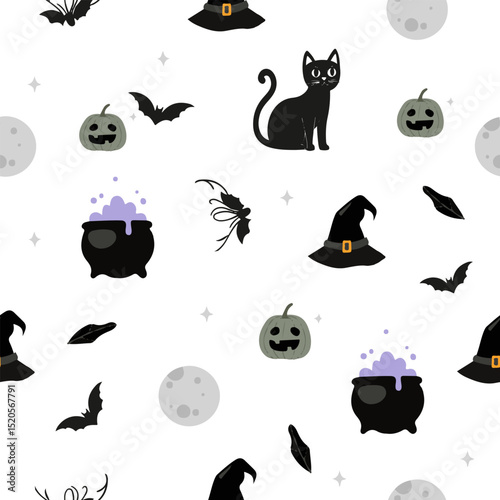 Cute spooky Halloween themed vector seamless pattern design with carved pumpkin, bats, black cat, witchy hat, skull illustration in cartoon retro groovy funky style for wrapping paper, background
