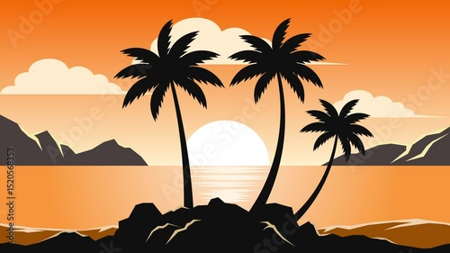 Moving animation of beach scenery with palm trees and sunset, cartoon beach scenery with parallax effect, looping animation