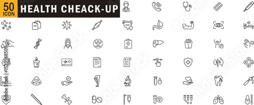 Health check up icon set. Medical test, diagnostics, health care, blood analysis, hospital tools, wellness monitoring.
