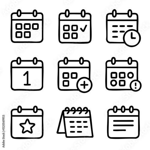 A set of doodle line icons illustrating calendar and planning concepts like date, reminder, event, deadline, and appointment