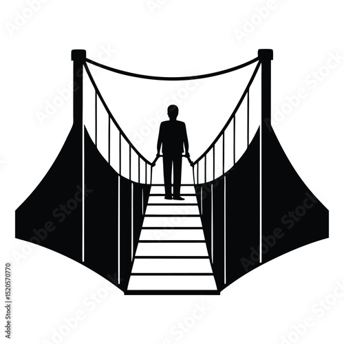 crossing suspension bridge silhouette on white background.