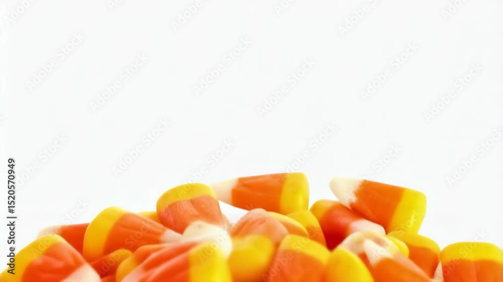 Candy corn treats, white, yellow, and orange, clustered together. Sweets associated with autumn holidays, sugary snacks.