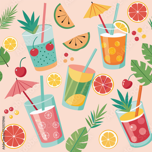 Seamless pattern featuring various cocktails and drinks with fruit, ice, and citrus in glasses, perfect for a fresh summer background illustration