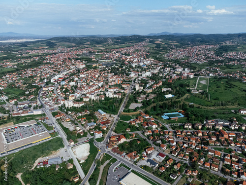 Lazarevac, Kolubara district of Serbia. Drone view of the city on a sunny day.