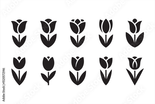 Stylized Tulip Flower Vector Icons in Solid Black for Clean, Elegant, and Nature-Inspired Logo Design