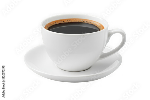 High resolution coffee cup png image, hot black coffee in white cup on saucer, coffee shop, cafe, restaurant, beverage, isolated on transparent background
