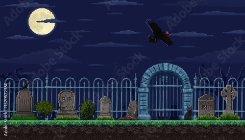 8bit pixel art Halloween graveyard landscape depicts eerie cemetery at night with tombstones, iron fence and glowing moon. Vintage game scene with gothic misty atmosphere with dead trees, cat and crow