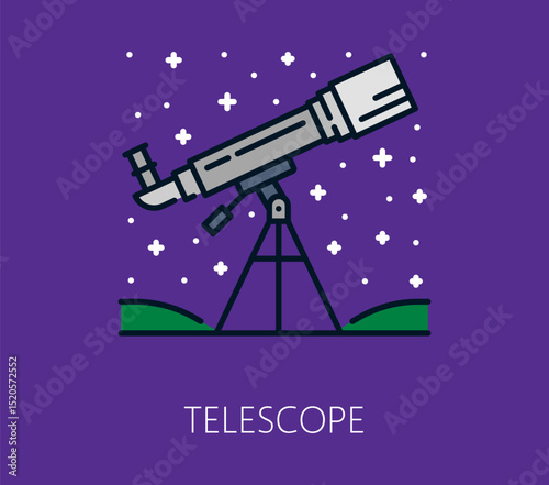 Space astronomy telescope color thin line icon. Astronomy flight thin line icon, galaxy outerspace research or discovery lineart vector symbol. Space exploration outline sign or cosmos linear icon