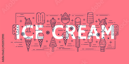 Ice cream line icons of waffle cones and cups with frozen dessert scoops, vector food. Outline sundae balls and soft serve ice cream in glasses, vanilla yogurt, fruit sorbet and milk gelato icons