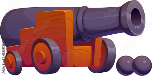 Cartoon pirate cannon weapon with cannonballs. Vector black iron gun on wooden wheels ready for naval battle. Old ship artillery tool used by corsairs and buccaneers for attack and defense on board