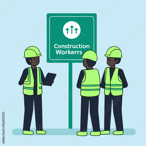 Construction Workers Collaborating on Sustainability Project,A vector illustration depicting four construction workers in safety gear,including green vests and helmets,collaboration and teamwork,Ai
