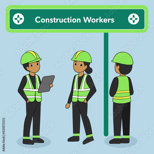 Construction Workers Collaborating on Sustainability Project,A vector illustration depicting four construction workers in safety gear,including green vests and helmets,collaboration and teamwork,Ai