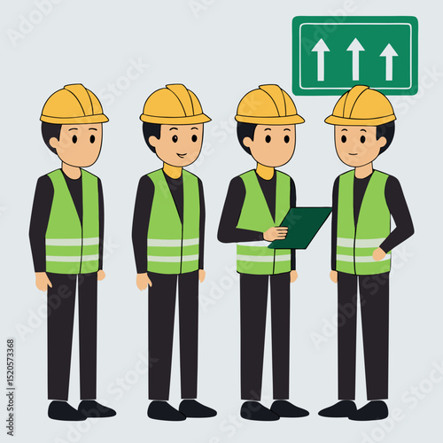 Construction Workers Collaborating on Sustainability Project,A vector illustration depicting four construction workers in safety gear,including green vests and helmets,collaboration and teamwork,Ai