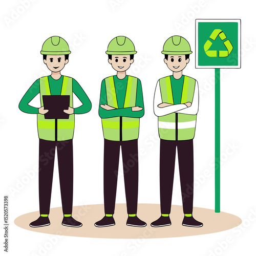 Construction Workers Collaborating on Sustainability Project,A vector illustration depicting four construction workers in safety gear,including green vests and helmets,collaboration and teamwork,Ai