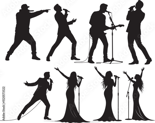 Singers performing on stage silhouette vector illustration
