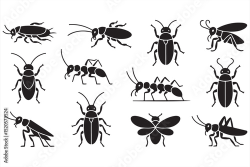 Silhouette Vector Icons of Ants, Beetles, Cockroaches, and Winged Insects for Entomology, Pest Control, and Wildlife Illustrations