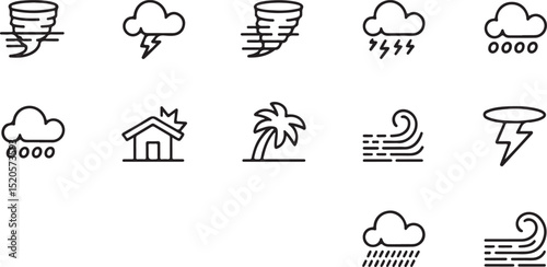 Bold Weather Icons with Trees, Homes, Clouds, and Lightning for Disaster Alerts and Environmental Impact Illustrations